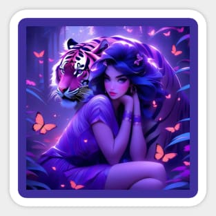 Fantasy girl with tiger in purple aesthetic Sticker